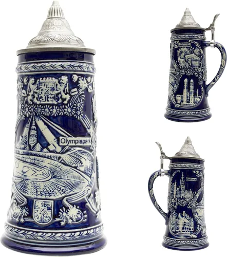 Vista 2 de Essence of Europe Gifts 0.85 litros OktoberfestHaus Alemania Stein Famous Landmarks Bier Krug Taza de cerveza grabada con tapa Taza de cerveza