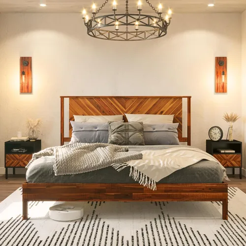 Vista 15 de Bme Ethan - Base de cama Queen con cabecera de diamante, moderna de mediados de siglo, madera de acacia maciza, no necesita somier, se adapta a