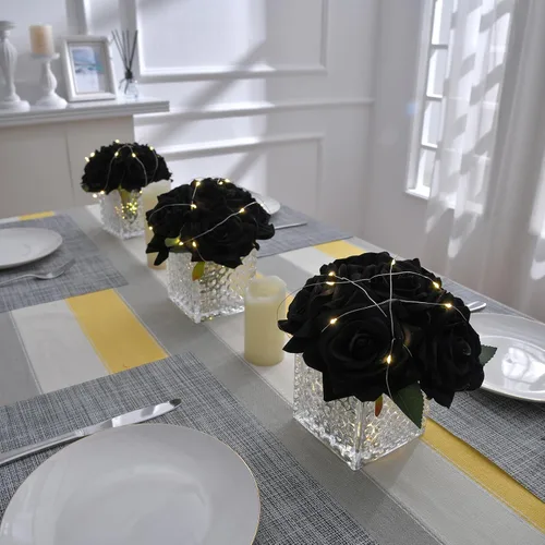 Vista 4 de Arreglo de centro de mesa de rosa artificial de seda en florero de vidrio con luz LED para decoración de bodas en el hogar (Negro)