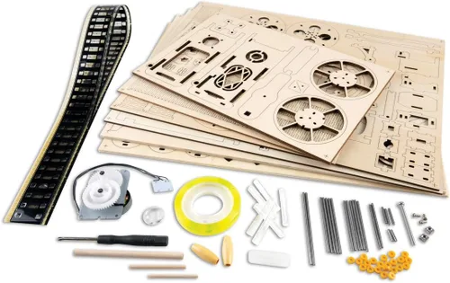 Vista 2 de MindWare Proyector de películas Gearjits - Kit de modelo mecánico 3D de madera para adultos y adolescentes, construye tu propio proyector de trabajo