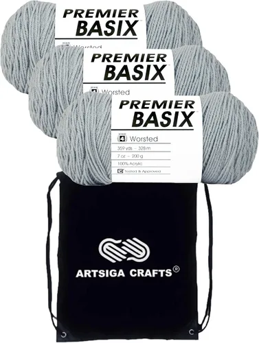 Vista 4 de Premier Yarns Basix White 1115-01 (3 madejas, el mismo lote de tinte) hilo acrílico mediano #4 para ganchillo y tejer con bolsa de proyectos 3