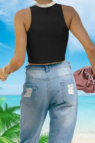 Vista 3 de Camisetas cortas para mujer, sexy, básicas, sin mangas, espalda cruzada, para gimnasio, para adolescentes, niñas, lindas camisetas de entrenamiento