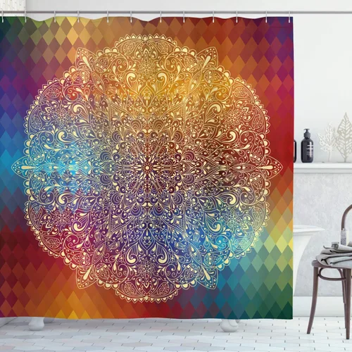 Vista 32 de Ambesonne Cortina de ducha retro, diseño clásico de rayas verticales, imagen, imagen antigua, obra de arte, juego de decoración de baño de tela