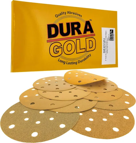 Vista 13 de Dura-Gold Discos de lijado dorados de 6 pulgadas de alta calidad, grano 60 (caja de 50), papel de lija de gancho y bucle sin polvo con patrón de 17