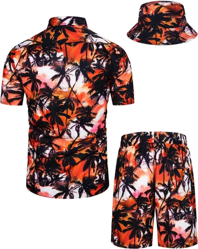 Vista 152 de TUNEVUSE Conjunto de camisas y pantalones cortos hawaianos para hombre, 2 piezas, trajes de playa con estampado de flores, traje tropical de verano
