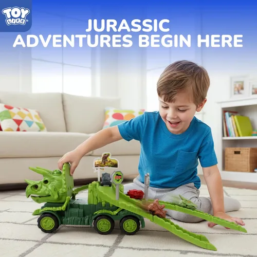 Vista 2 de TOY Life Camión de Dinosaurio Jurásico con Pista y Luces y Sonidos, Juguetes de Dinosaurio Triceratops para Niños de 3 a 5, Juego de Transporte