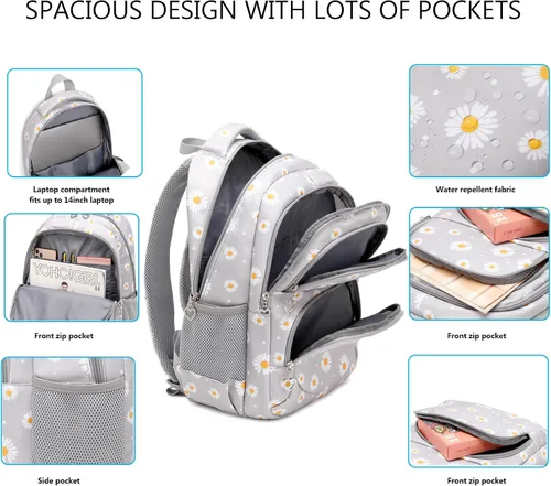 Vista 5 de Mochilas estampadas de margaritas para niñas con bolsa de almuerzo, estuche de lápices de 3 piezas, bolsas ligeras para libros elementales