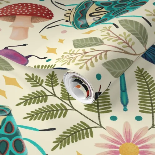 Vista 2 de Muestra de papel tapiz extraíble – insecto damasco insecto botánico grande Jumbo polilla mariposa bosque hongo beige verde azul papel pintado