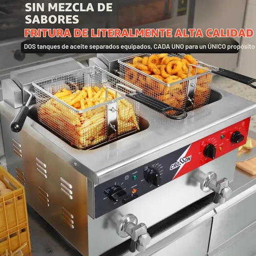 Vista 2 de CROSSON Freidora eléctrica de mostrador de doble tanque de 16L con "Swing-up and Hold", válvula de drenaje, tanque de aceite de formación por