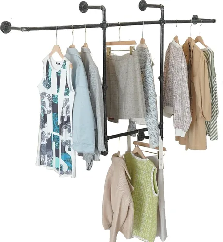 Vista 4 de Perchero industrial de pared, barras de tubería de ropa resistente, perchero estilo tubería con cuatro varillas para colgar para el hogar