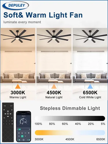 Vista 7 de Depuley Ventiladores de techo de 66" con luces: Ventilador de techo negro para interior/exterior para patios, sala de estar - 8 aspas Ventiladores