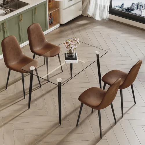 Vista 3 de Juego de mesa de comedor para 4, 5 piezas, juego de mesa de comedor de terciopelo moderno, mesa rectangular de vidrio templado para cocina, bar