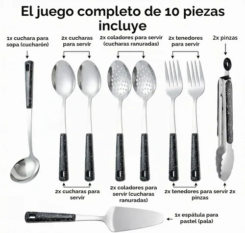 Vista 8 de Juego de utensilios para servir de metal de acero inoxidable Paquete de 10 juegos para servir