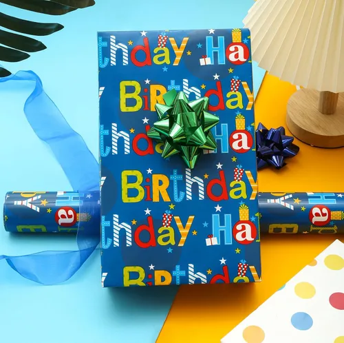 Vista 8 de U'COVER Rollo de papel de regalo reversible de feliz cumpleaños para niños y niñas, diseño de lunares, papel de regalo para mujeres, hombres, baby
