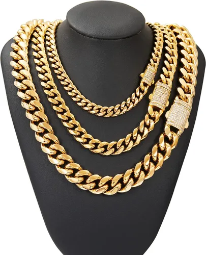 Vista 5 de SUNFERE Cuban Link BraceletNecklace for Men 81014mm 18K Gold Plated 316L Stainless Steel Diamond Clasp Hip Hop Bracelets for Men Jewelry Gift