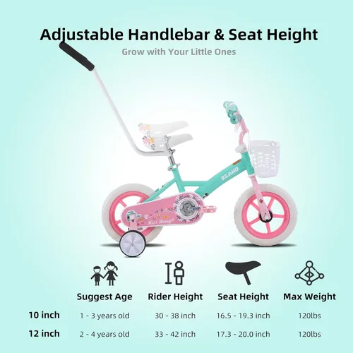 Vista 5 de KEANO Voyager 10 12 Inch Kids Bike for Boys and Girls Ages 1-4 Years, Toddler Bike with Training Wheels & Basket, Detachable Parent Push Handle