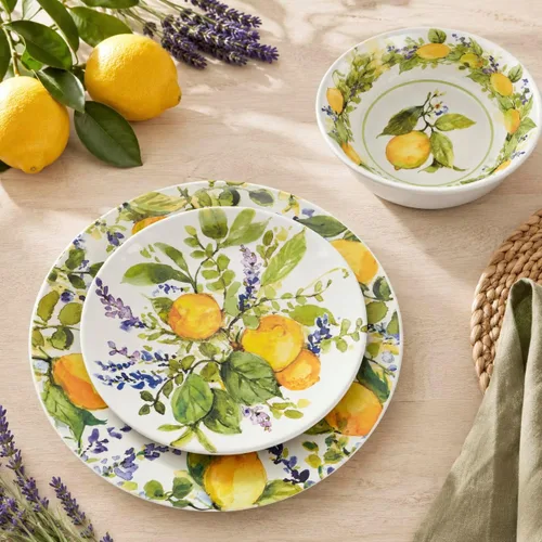 Vista 3 de Lemon Zest - Juego de vajilla de melamina de 12 piezas, servicio para 4 – Platos y cuencos irrompibles al aire libre para cenar en el patio