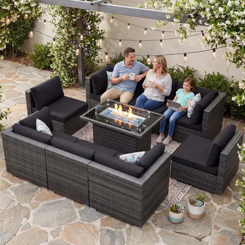 Vista 29 de NICESOUL Juego de muebles de patio de ratán extra grande con mesa para fogata de gas y propano, 29.3 pulgadas, respaldo alto, cómodos conversaciones