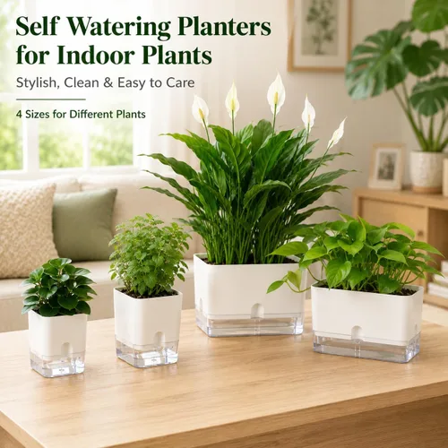 Vista 2 de Planterhoma Macetas de riego automático para plantas de interior de 4.3 pulgadas, 6 paquetes de macetas cuadradas de riego automático con orificio