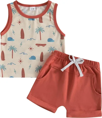 Vista 64 de Ropa de bebé niño sin mangas + pantalones cortos con estampado a rayas con bolsillos, 2 piezas de trajes de verano