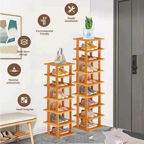 Vista 4 de Zapatero vertical de bambú para entrada, zapatero estrecho apilable, almacenamiento minimalista de zapatos, organizador de zapatos de 5 niveles