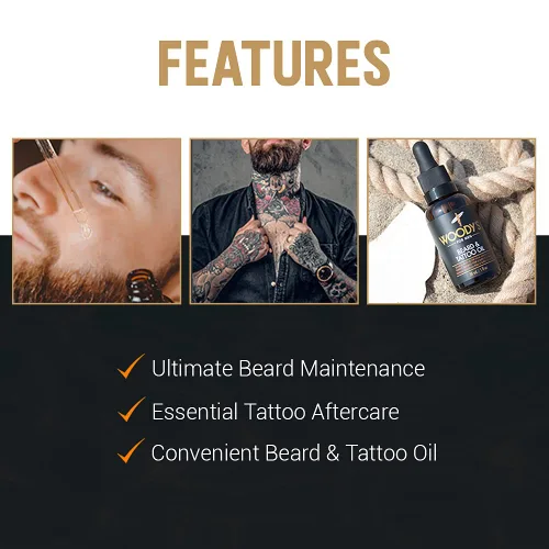 Vista 4 de Woody's Aceite de tatuaje y barba para hombres, aceite de barba para hombre, hidratante hidratante facial para cabello y piel, mejora el crecimiento