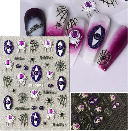 Vista 6 de Calcomanías de uñas de Halloween con diseños atractivos, 5D en relieve autoadhesivas, calcomanías de arte de uñas de Halloween, calavera, fantasma