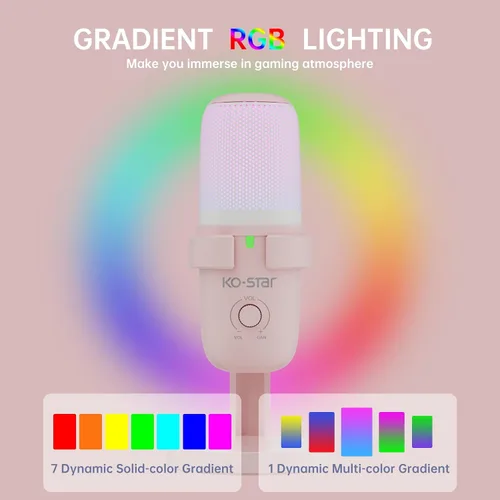 Vista 4 de Micrófono condensador USB rosa para juegos, micrófono de PC con 2 patrones de pastilla, luz RGB, toque para silenciar, 96 KHz/24 bits para Rosa