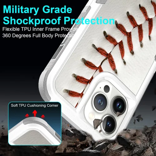 Vista 6 de Funda para iPhone 12 Pro Max, diseño blanco deportivo de béisbol, absorción de golpes, policarbonato duro e interior de silicona híbrida de doble