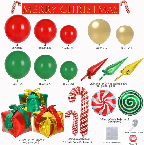 Vista 6 de Kit de arco de globos de Navidad de 171 piezas, globos rojos, verdes y dorados, globos de caja de regalo de caramelos, globos de papel de aluminio