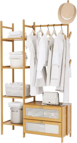 Vista 9 de Perchero de Ropa de Bambú, Perchero con Cajones y Estantes, Estantes de Almacenamiento de 5 Niveles con 6 Ganchos para Colgar, Armario Closet