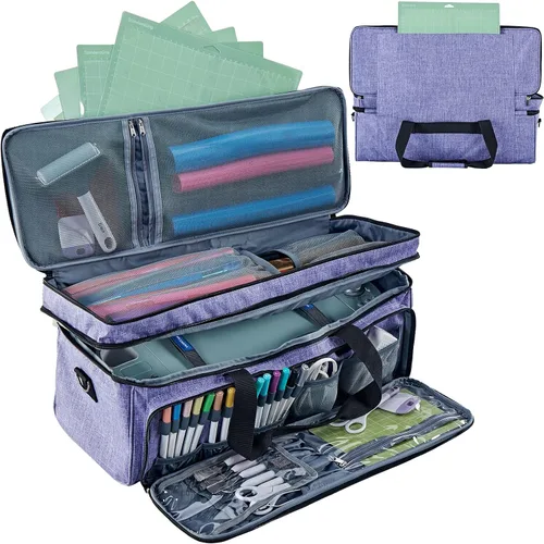 Vista 9 de Estuche de transporte de doble capa con bolsillo para tapete para Cricut Maker 4, Explore 4, múltiples compartimentos frontales grandes
