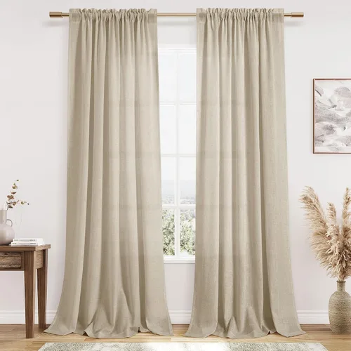 Vista 31 de Cortinas de lino verde aguamarina de 84 pulgadas de largo, juego de 2 paneles semitransparentes con bolsillo para barra para comedor, decoración