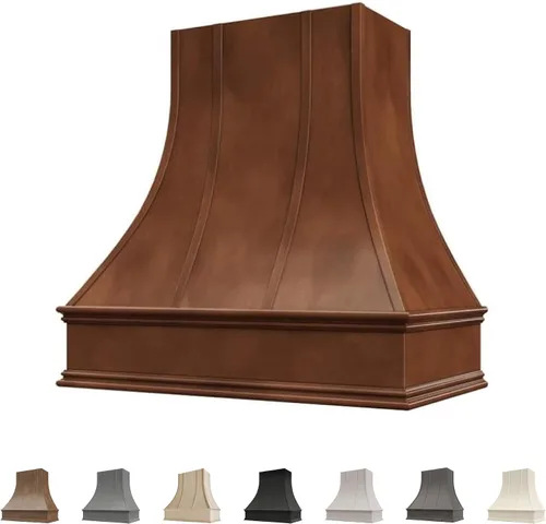 Vista 12 de Cubierta curvada para campana extractora de nogal americano con molduras decorativas, cubiertas de madera para campana extractora de pared, madera