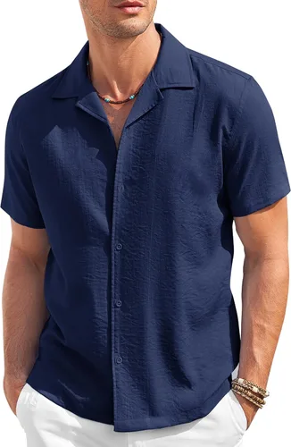 Vista 8 de COOFANDY Camisa casual con botones para hombre, manga corta, texturizada, para verano, para playa cubana