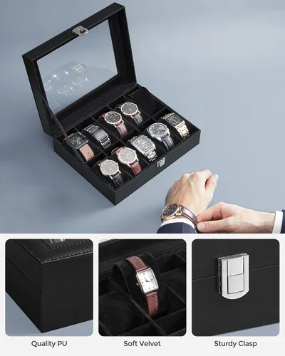 Vista 5 de SONGMICS Caja de reloj, caja de reloj de 10 ranuras con tapa de vidrio grande, almohadas extraíbles para reloj, organizador de caja de reloj, regalo
