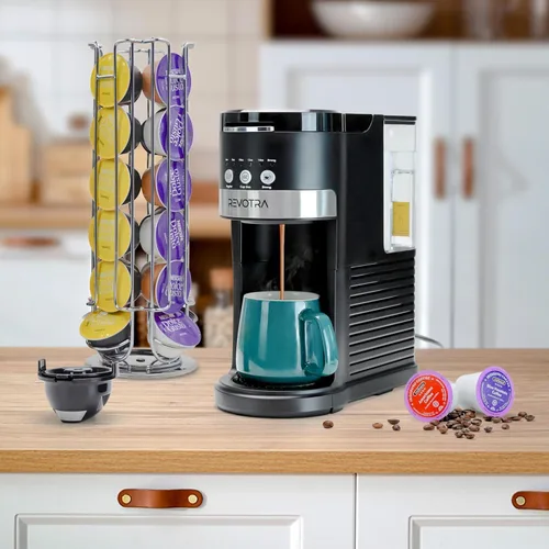 Vista 2 de REVOTRA Cafetera de una sola porción para cápsulas y café molido, tamaños de preparación de 6 a 14 onzas, opción de preparación fuerte, preparación