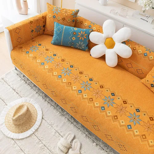 Vista 4 de Funda de sofá de chenilla para sofá modular, diseño geométrico bohemio y jacquard antideslizante, protector de muebles para niños, perros y Naranja