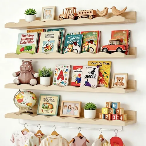 Vista 9 de Fixwal Estantes flotantes de 16.5 pulgadas para libros de guardería, juego de 4 estantes de pared festoneados con toallero para niños, habitación