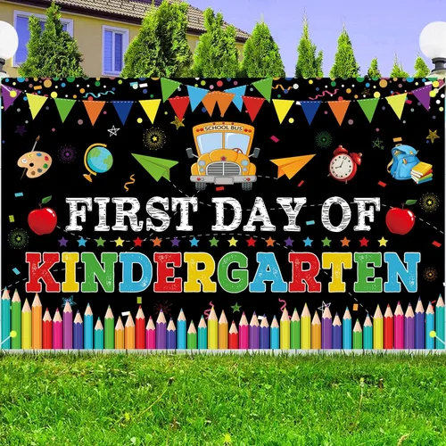 Vista 2 de Cartel del primer día de jardín de infantes, decoraciones de fiesta del primer día de escuela, pancarta de regreso a la escuela, bienvenida al
