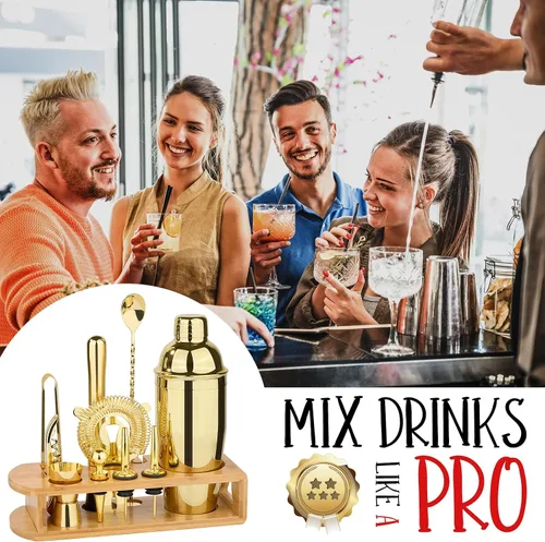 Vista 5 de Set de coctelera para barman: juego de 12 piezas de herramientas de bar con soporte de bambú Juego de barras con todos los accesorios prácticos