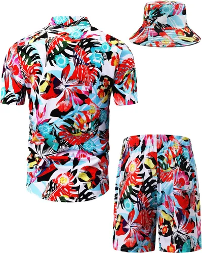 Vista 47 de TUNEVUSE Conjunto de camisas y pantalones cortos hawaianos para hombre, 2 piezas, trajes de playa con estampado de flores, traje tropical de verano