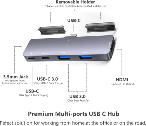 Vista 2 de Adaptador de concentrador USB C para iPad Pro con HDMI 4K, conector de 0.138 in, 2 USB 3.0, PD 60W, datos USB C, ranura para tarjeta SD/TF