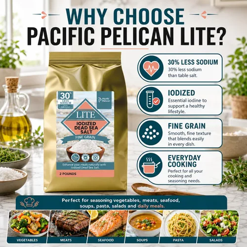 Vista 3 de Pacific Pelican 30% menos de sal Lite yodada de sodio del Mar Muerto - Grano fino Kosher sin refinar, natural yodada, sal baja en sodio