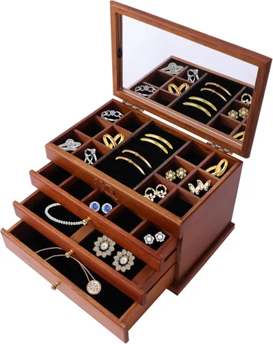 Vista 2 de CNCEST Joyero de madera para mujer con espejo estuche organizador de joyas rectangular de 4 capas para almacenamiento de collares anillos aretes