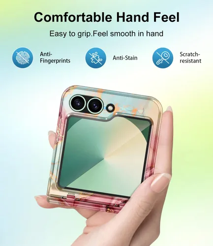 Vista 6 de Btscase Funda para Samsung Galaxy Z Flip 6, protector de pantalla frontal integrado, patrón de mármol dorado con purpurina de policarbonato duro
