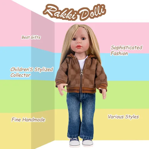 Vista 7 de Rakki Dolli Conjunto de ropa de muñeca de 3 piezas, abrigo marrón, jeans azules y camiseta blanca para muñeca de bebé (sin muñeca y zapatos)