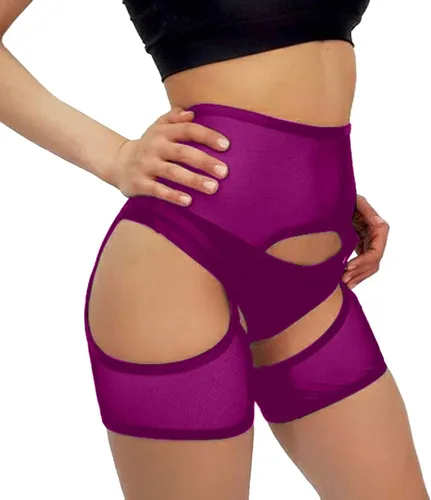 Vista 3 de BZB Pantalones cortos de baile de cintura alta para mujer, malla transparente con liguero, pantalones de yoga para entrenamiento atlético