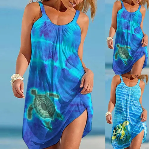 Vista 6 de Oiumov - Vestidos de verano para mujer, vestido midi con estampado de dibujos animados, vestido floral, sin mangas, casual, bohemio, vestido sin