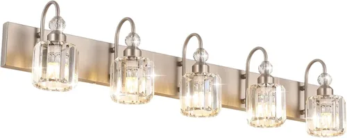 Vista 15 de Ralbay Modernas luces LED de cristal para tocador de baño, 3 luces de acero inoxidable, luces de tocador de cristal sobre el espejo, accesorios